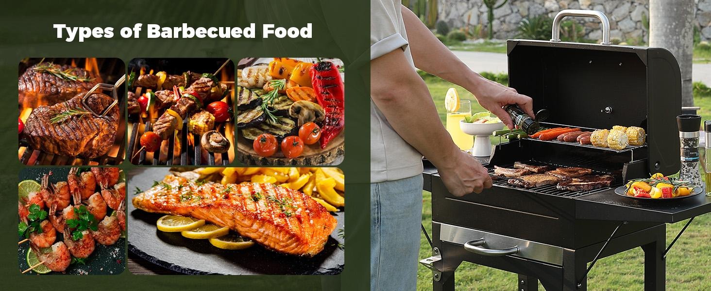 Charcoal Grill with Two Side Tables 332 SQIN Cooking Area Outdoor Smoker Barbecue BBQ Grill for Camping Patio Backyard Party Picnic Black