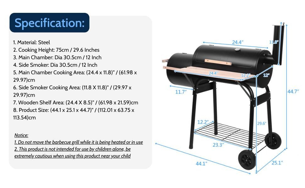 BBQ Charcoal Grill, Outdoor Patio Barbecue Cooker With Offset Smoker, Wheels And Tray For Balcony Picnics, Party And Camping