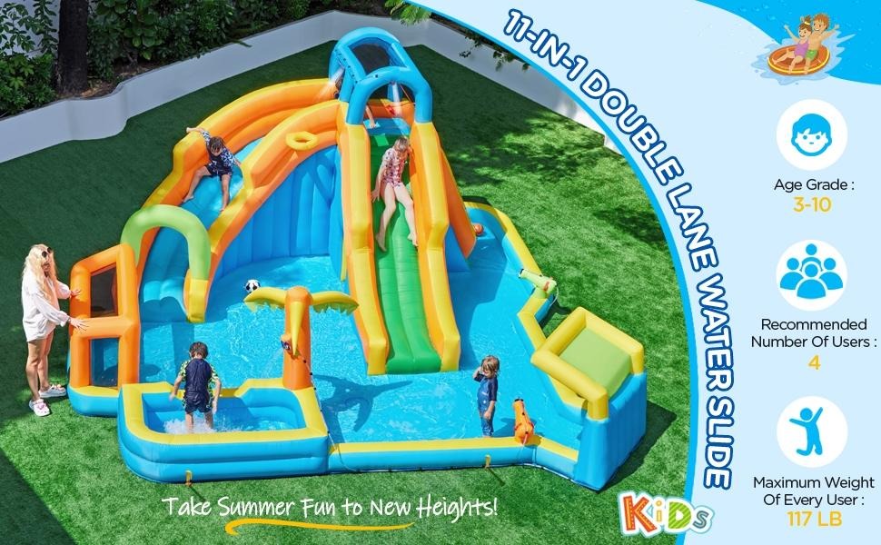 Inflatable Water Slide w/ 2 Long Slides & Large Climbing Wall & Small Deeper Pool & Awning for Kids Aged 3 to 10, Outdoor Water Slide w/Storage Bag & 950W Blower