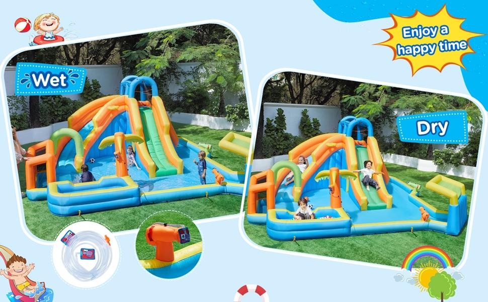 Inflatable Water Slide w/ 2 Long Slides & Large Climbing Wall & Small Deeper Pool & Awning for Kids Aged 3 to 10, Outdoor Water Slide w/Storage Bag & 950W Blower