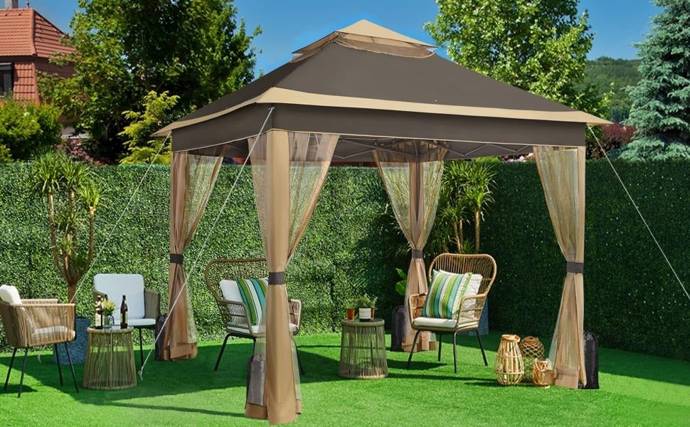 【On Sale】Pop Up Gazebo Outdoor Canopy Shelter, Instant Patio Gazebo Sun Shade Canopy Tent with 4 Sandbags, Double Tiers & Mesh Netting for Lawn, Garden, Backyard & Deck