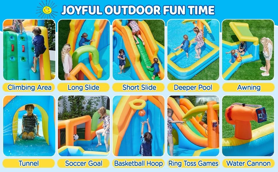 Inflatable Water Slide w/ 2 Long Slides & Large Climbing Wall & Small Deeper Pool & Awning for Kids Aged 3 to 10, Outdoor Water Slide w/Storage Bag & 950W Blower
