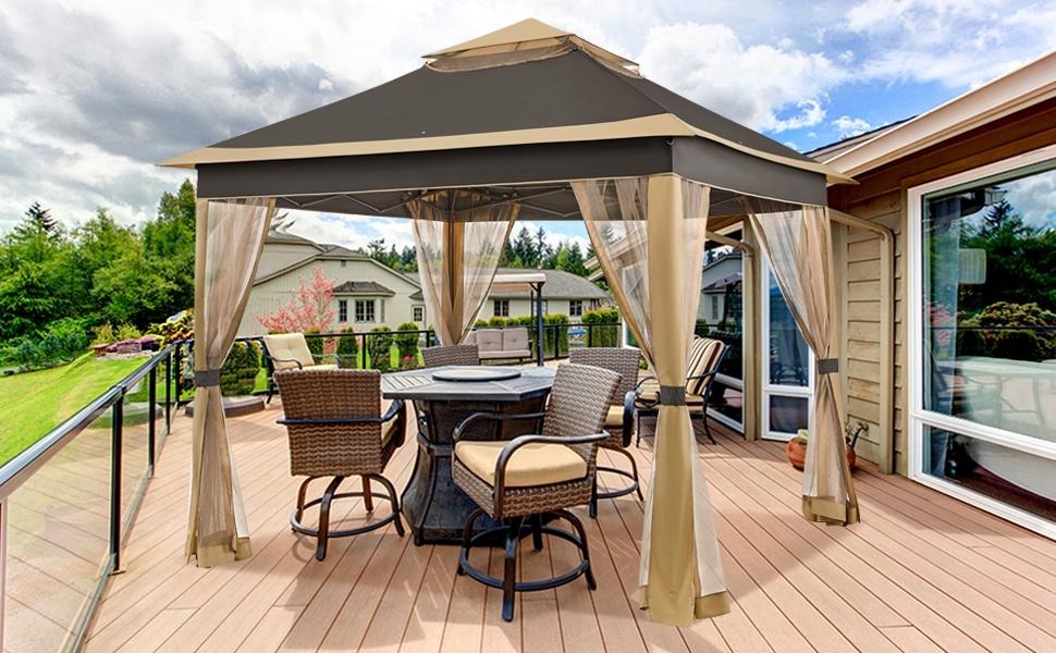 【On Sale】Pop Up Gazebo Outdoor Canopy Shelter, Instant Patio Gazebo Sun Shade Canopy Tent with 4 Sandbags, Double Tiers & Mesh Netting for Lawn, Garden, Backyard & Deck