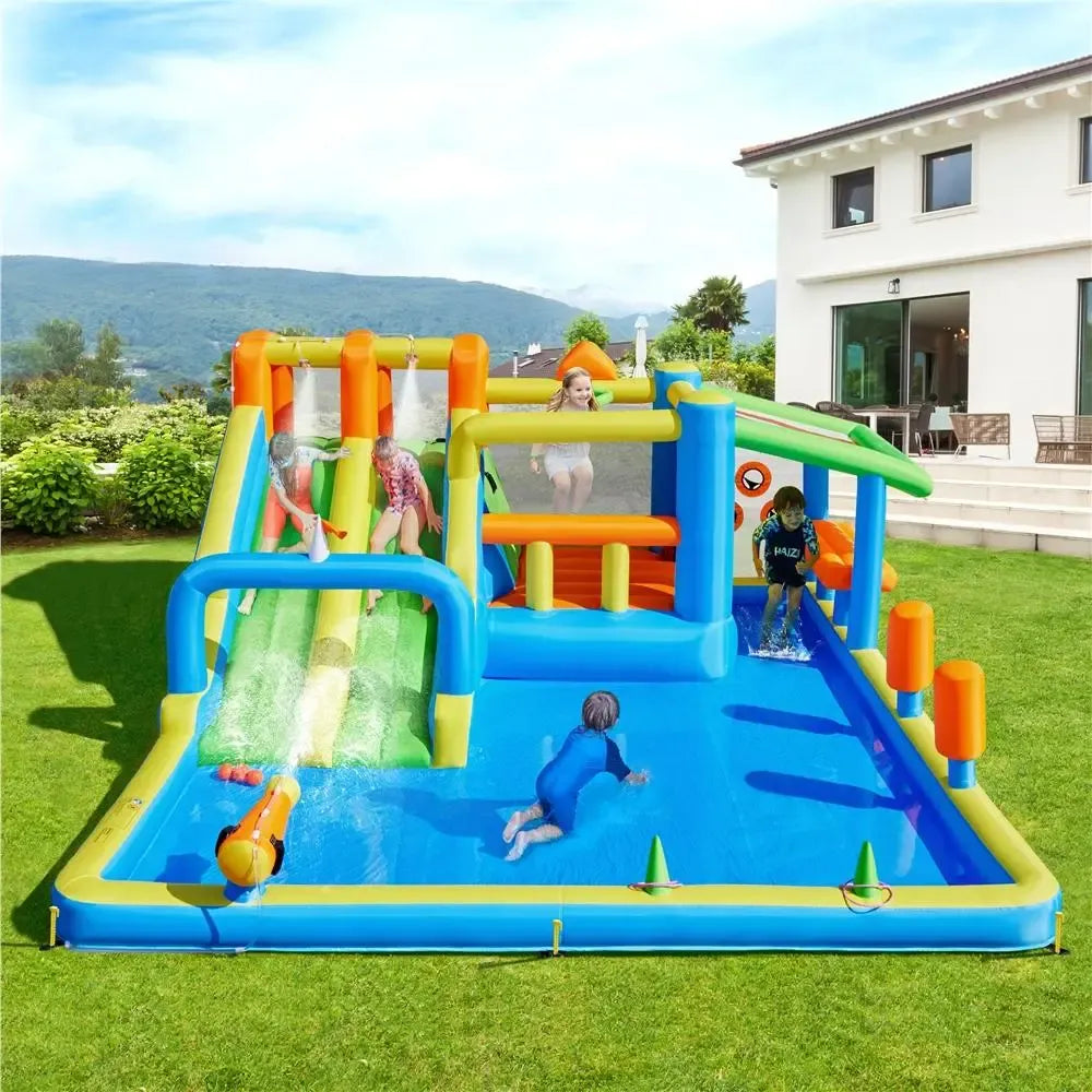 Inflatable Water Slide w/ 2 Long Slides & Large Climbing Wall & Small Deeper Pool & Awning for Kids Aged 3 to 10, Outdoor Water Slide w/Storage Bag & 950W Blower