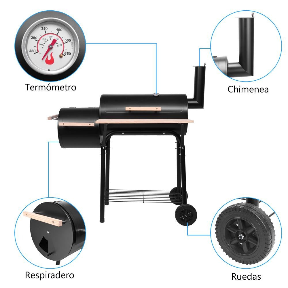 BBQ Charcoal Grill, Outdoor Patio Barbecue Cooker With Offset Smoker, Wheels And Tray For Balcony Picnics, Party And Camping