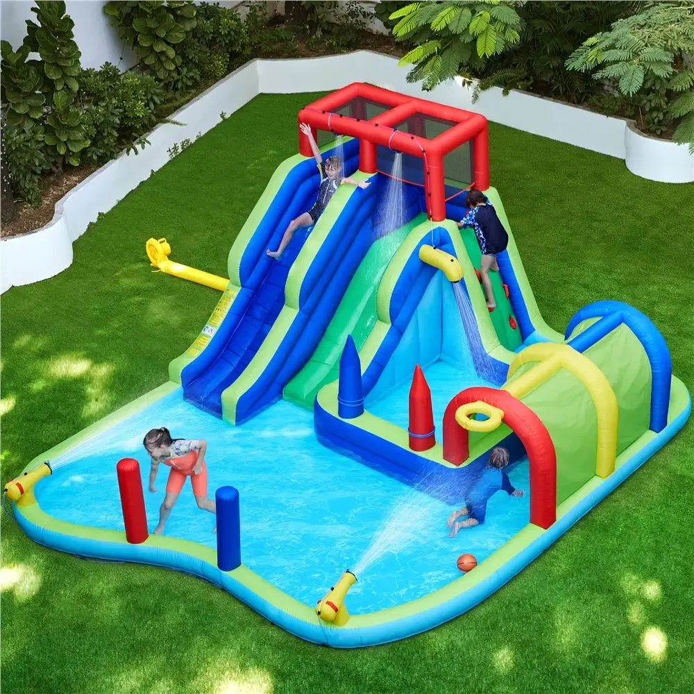 Inflatable Water Slide w/ 2 Long Slides & Large Climbing Wall & Small Deeper Pool & Awning for Kids Aged 3 to 10, Outdoor Water Slide w/Storage Bag & 950W Blower