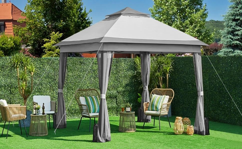【On Sale】Pop Up Gazebo Outdoor Canopy Shelter, Instant Patio Gazebo Sun Shade Canopy Tent with 4 Sandbags, Double Tiers & Mesh Netting for Lawn, Garden, Backyard & Deck