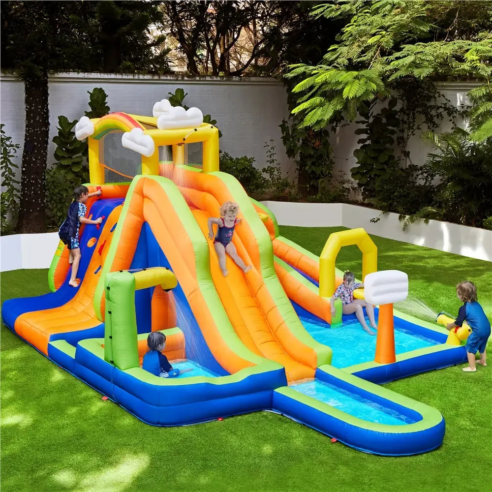 Inflatable Water Slide w/ 2 Long Slides & Large Climbing Wall & Small Deeper Pool & Awning for Kids Aged 3 to 10, Outdoor Water Slide w/Storage Bag & 950W Blower