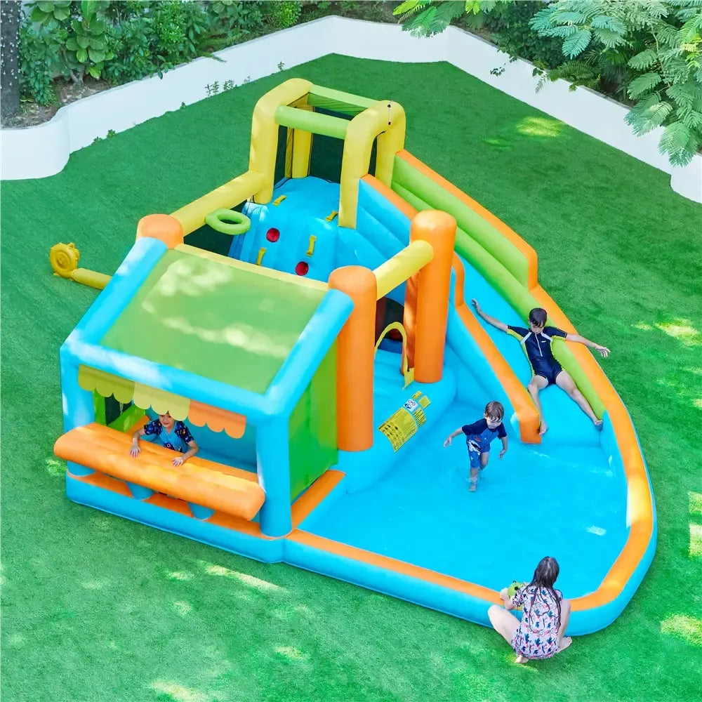 Inflatable Water Slide w/ 2 Long Slides & Large Climbing Wall & Small Deeper Pool & Awning for Kids Aged 3 to 10, Outdoor Water Slide w/Storage Bag & 950W Blower