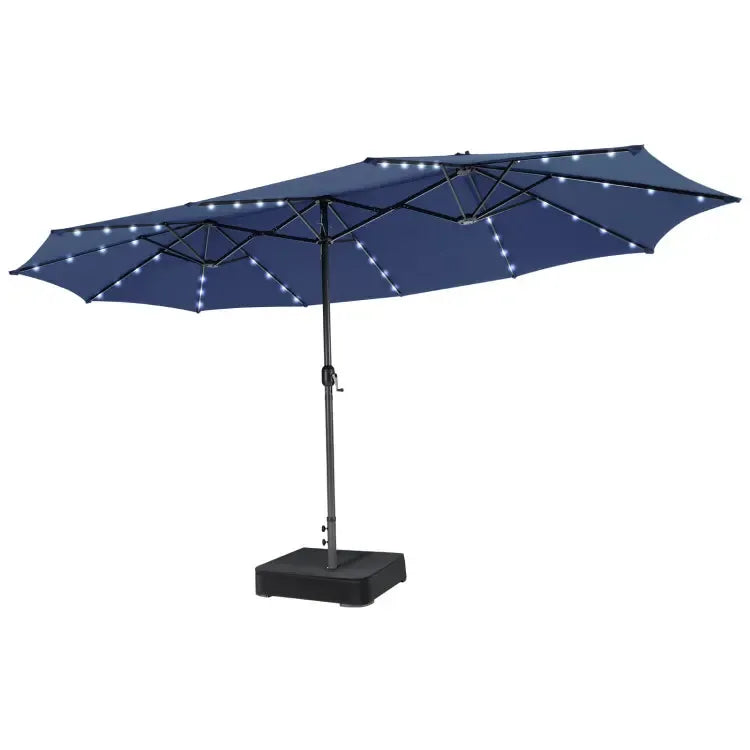 15/13Ft Solar Patio Umbrella with Base, Extra Large Outdoor Double-Sided Twin Umbrella with 36 LED Lights & Crank Handle for Garden, Deck, Poolside, Patio