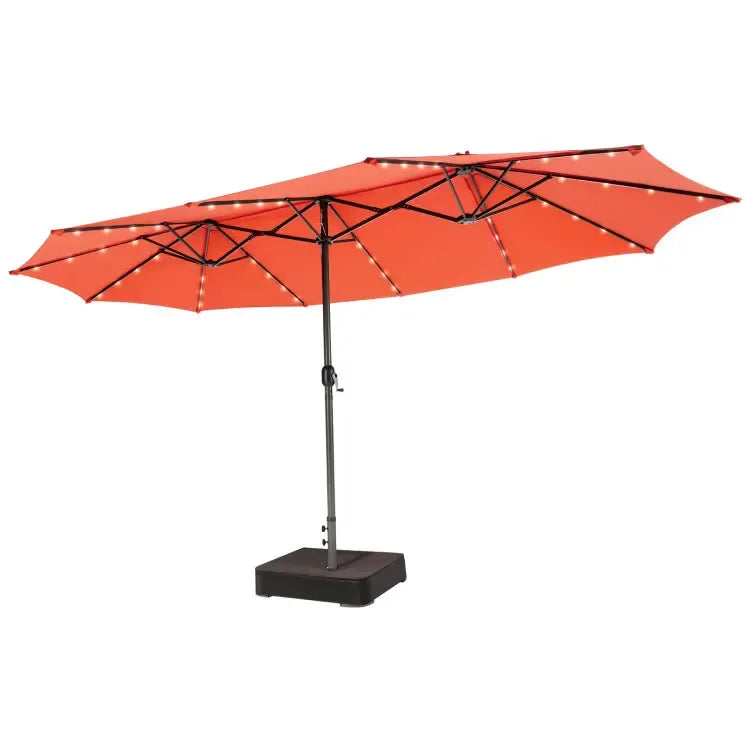 15/13Ft Solar Patio Umbrella with Base, Extra Large Outdoor Double-Sided Twin Umbrella with 36 LED Lights & Crank Handle for Garden, Deck, Poolside, Patio