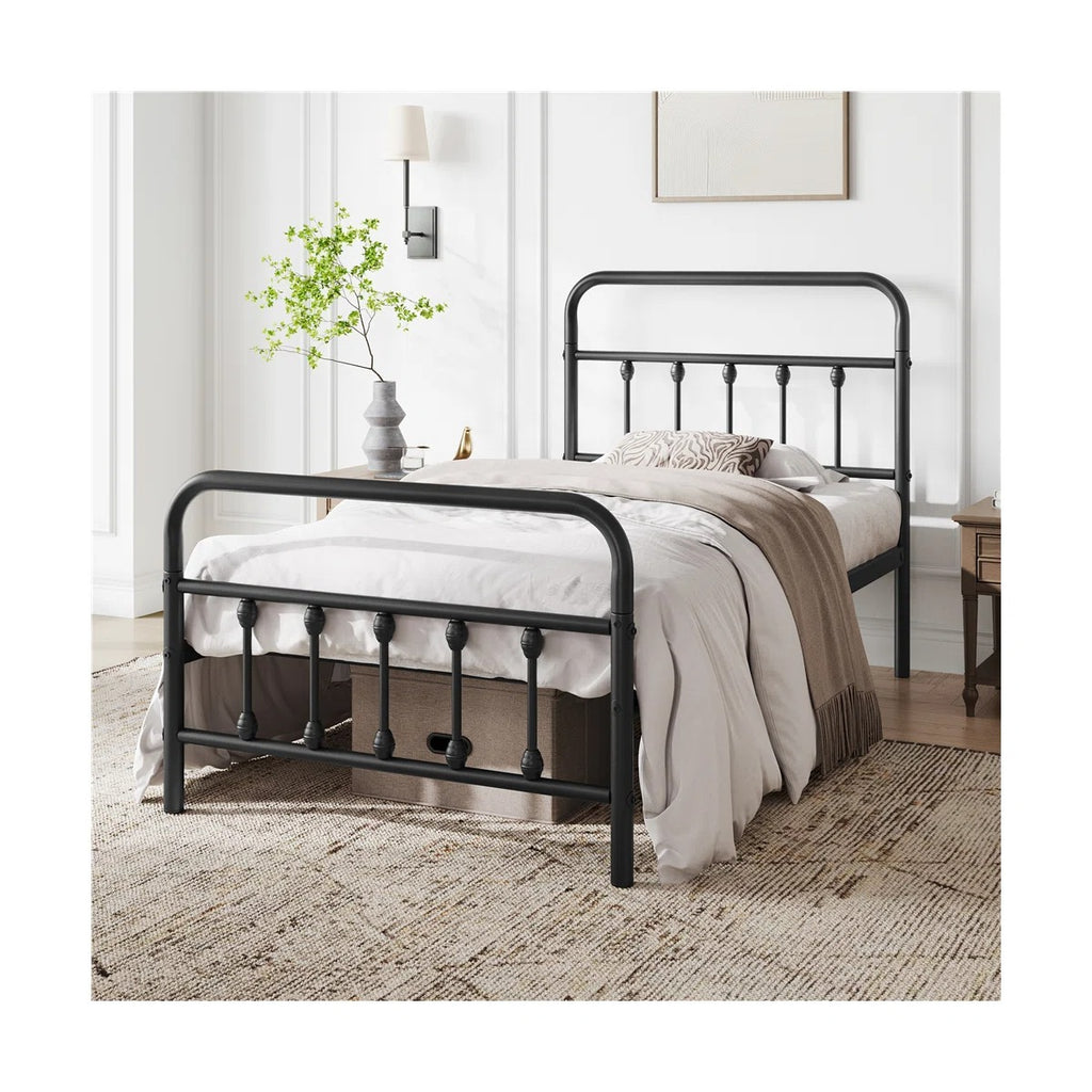 Classic Iron Platform Bed with High Headboard and Footboard