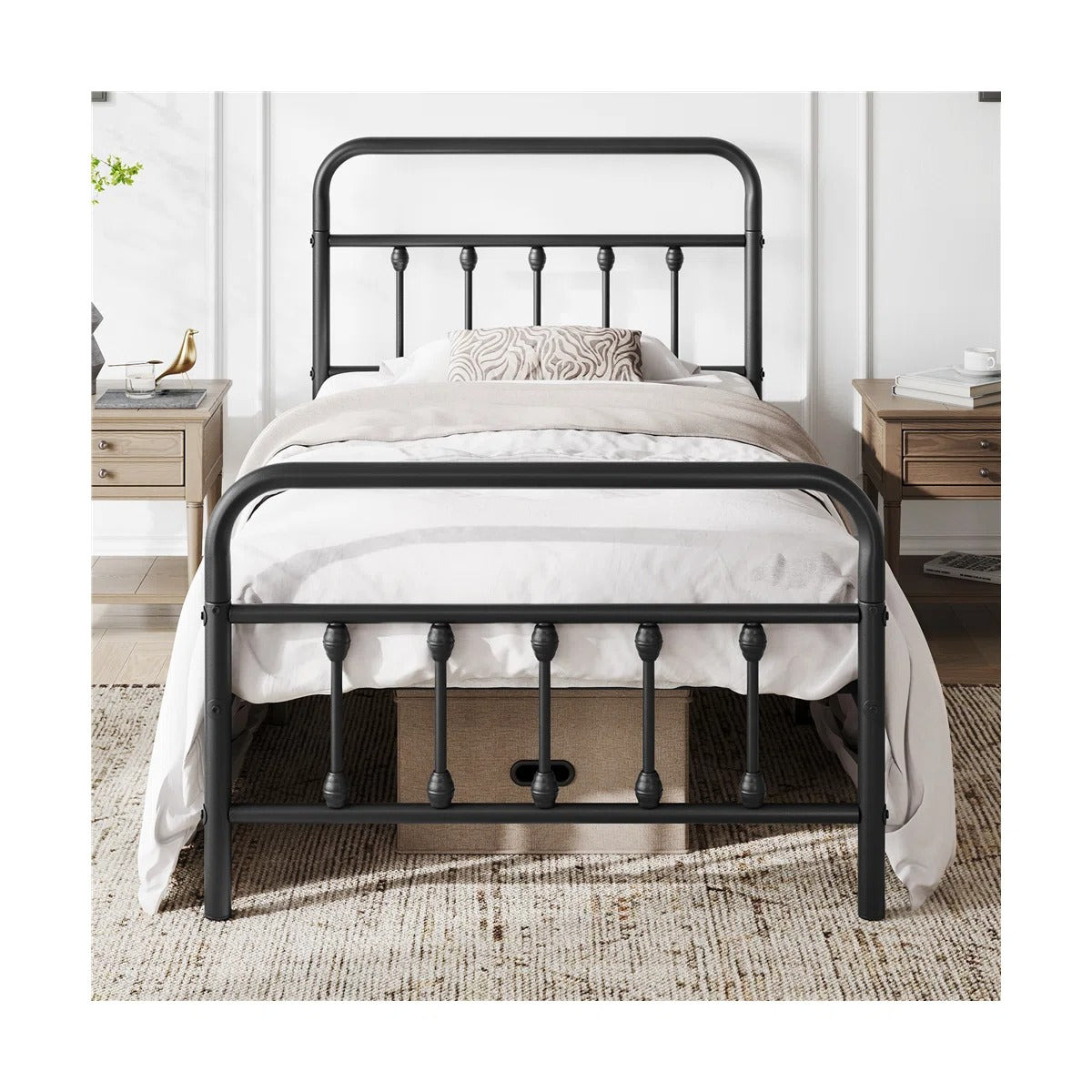 Classic Iron Platform Bed with High Headboard and Footboard