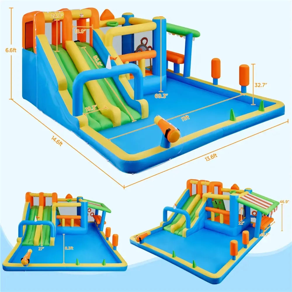 Inflatable Water Slide w/ 2 Long Slides & Large Climbing Wall & Small Deeper Pool & Awning for Kids Aged 3 to 10, Outdoor Water Slide w/Storage Bag & 950W Blower