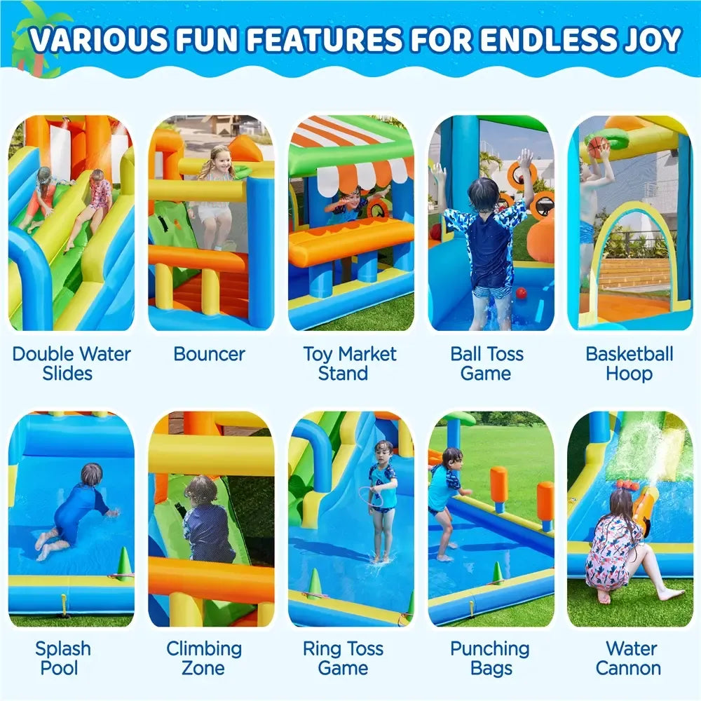 Inflatable Water Slide w/ 2 Long Slides & Large Climbing Wall & Small Deeper Pool & Awning for Kids Aged 3 to 10, Outdoor Water Slide w/Storage Bag & 950W Blower