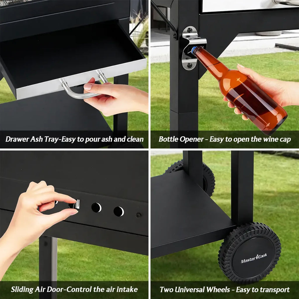 Charcoal Grill with Two Side Tables 332 SQIN Cooking Area Outdoor Smoker Barbecue BBQ Grill for Camping Patio Backyard Party Picnic Black