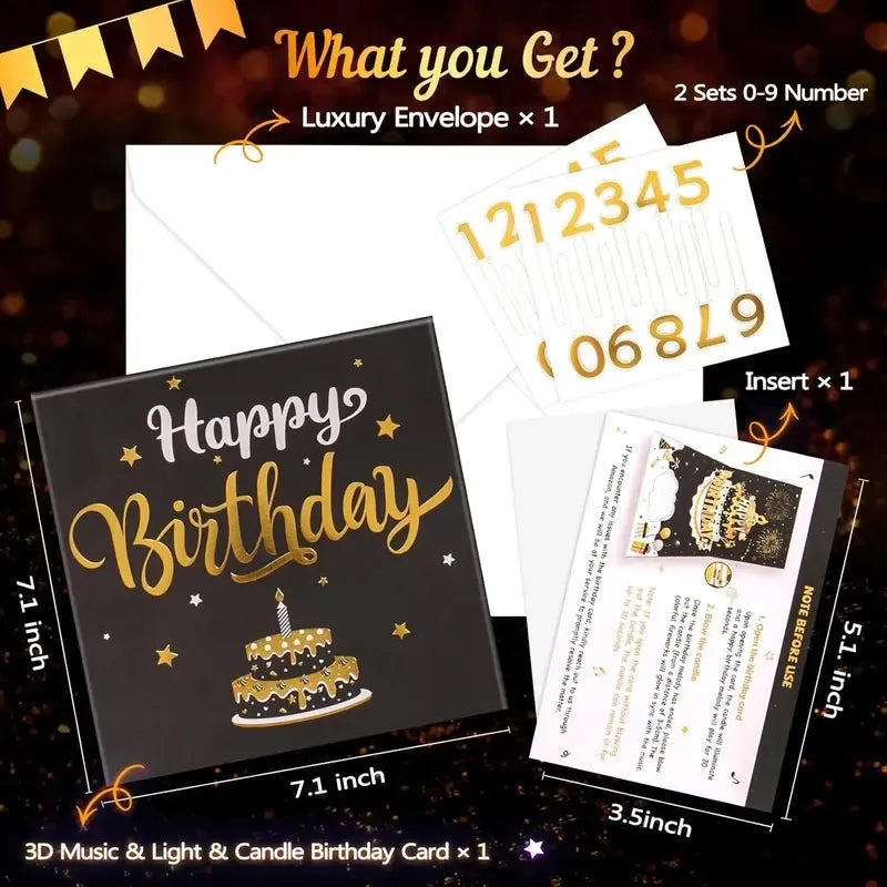 DIY Age Birthday Cards Fireworks Pop Up Cake Light and Music Black and Gold Happy Birthday Card Gift for Husband, Men, Women, Mom, Grandma