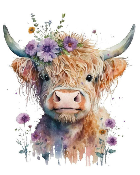 Purple Floral Highland Cow Paint by Numbers